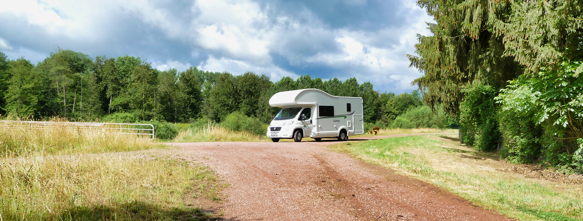 weißes Wohnmobil am Waldrand